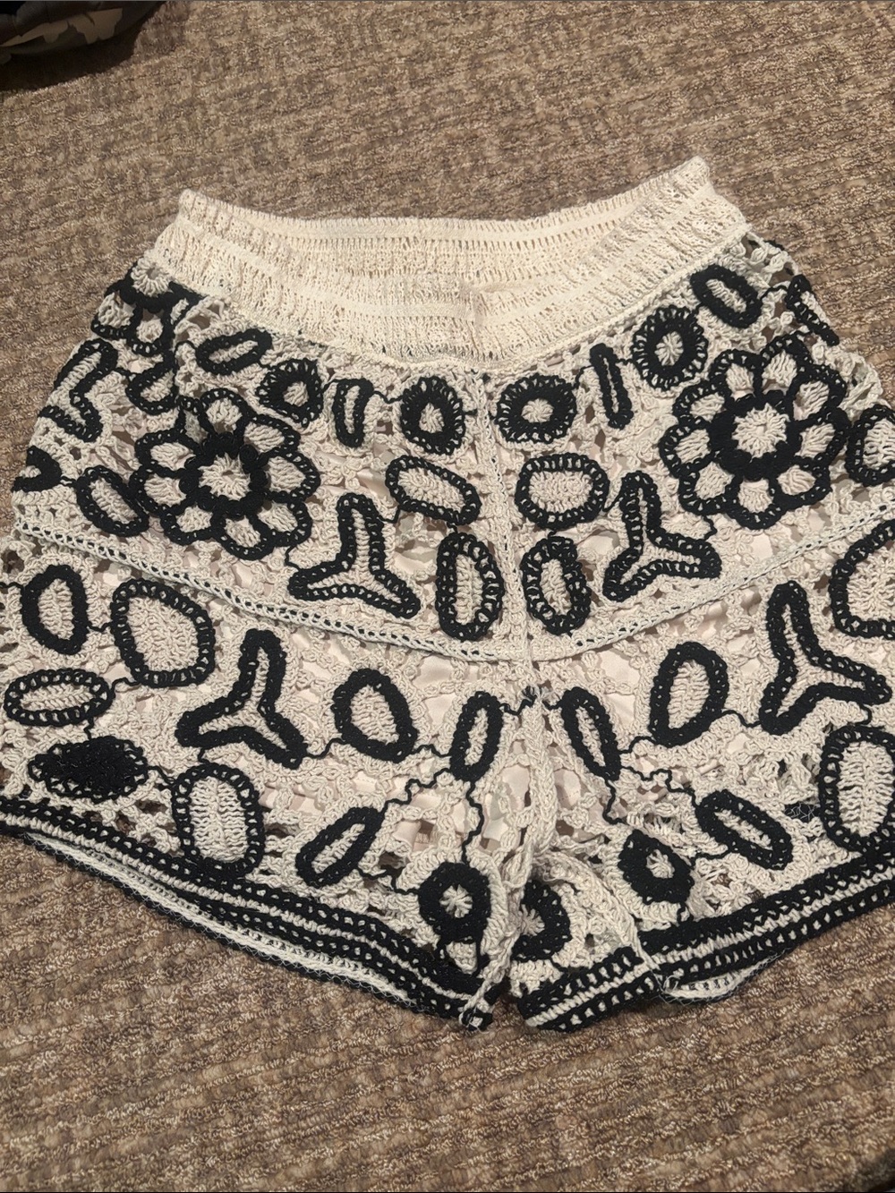 Rebellion Cream Crochet High-Waist Shorts with Black Trim